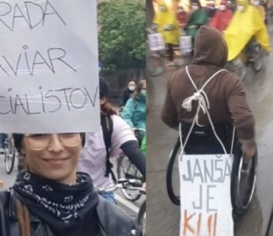 Fotografiji dneva s petkovega kolesarskega protivladnega protesta v Ljubljani, ki sta navdušili: »Parada kaviar socialistov« in »Janša je kul«