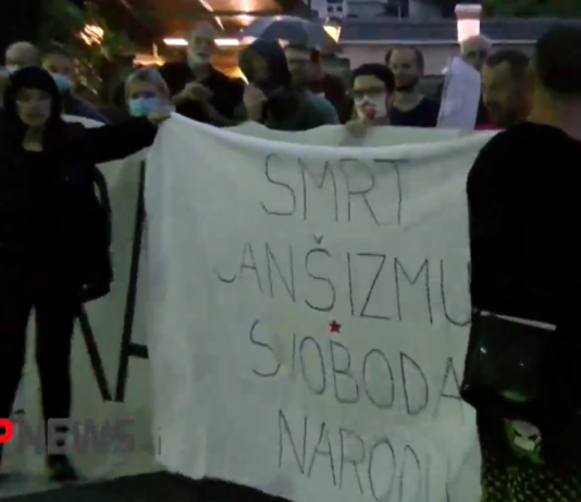Na protestu Svetlana Makarovič z napisom Smrt Janšizmu. Nasilni protestnik nad podpornika vlade!