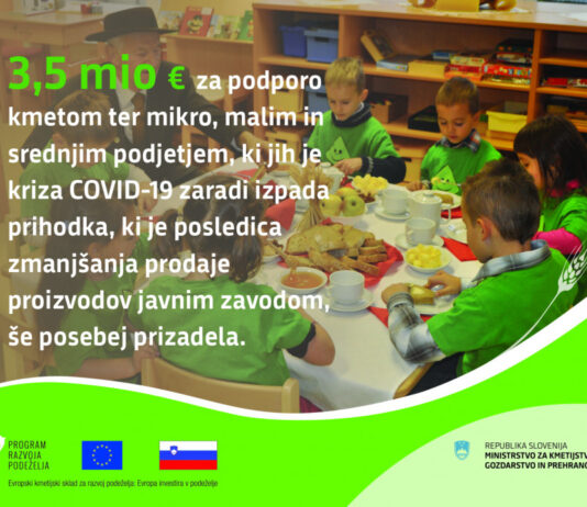 3,5 milijona evrov za podporo kmetom ter mikro, malim in srednjim podjetjem zaradi izpada prihodka – posledica zmanjšanja prodaje proizvodov javnim zavodom