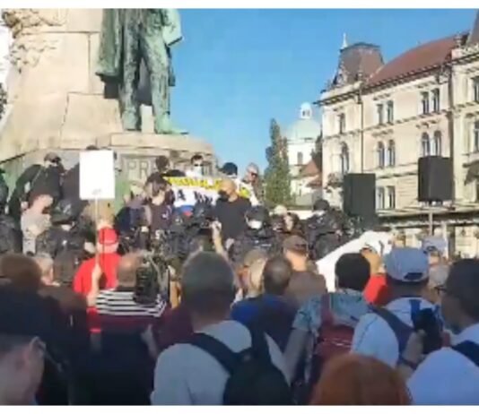(Video) Na petkovi “antiproslavi” so slavili: Na ukaz Jenulla je nekaj policistov odstranilo rumene jopiče z domoljubnim transparentom!
