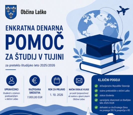 Občina Laško: Enkratna denarna pomoč za študij v tujini za študijsko leto 2025/2026